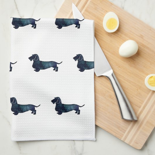 Dachshund Rough Coated Silhouette Waterverf Theedoek (Quarter Fold)