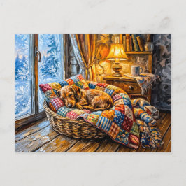 Dachshund rustend in een knus winter raammandje briefkaart