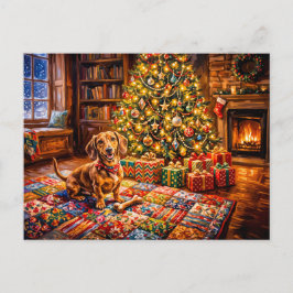 Dachshund rustend naast een gezellige kerstboomhaa briefkaart
