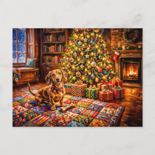 Dachshund rustend naast een gezellige kerstboomhaa briefkaart