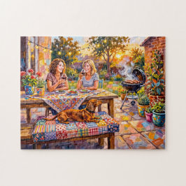 Dachshund rustend naast een tuin tafereel in de av legpuzzel