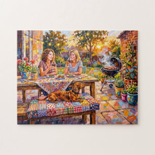 Dachshund rustend naast een tuin tafereel in de av legpuzzel