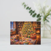 Dachshund Rustend Naast Kerstboom Vuurplaats Briefkaart (Staand voorkant)