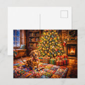 Dachshund Rustend Naast Kerstboom Vuurplaats Briefkaart (Voorkant / Achterkant)