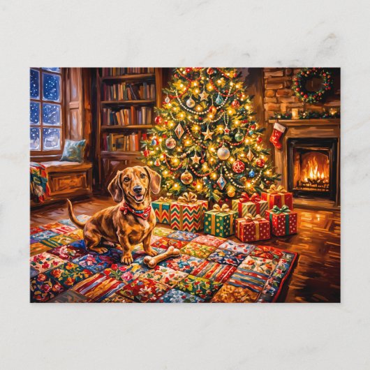 Dachshund Rustend Naast Kerstboom Vuurplaats Briefkaart (Voorkant)