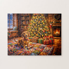 Dachshund Rustend Naast Kerstboom Vuurplaats Legpuzzel