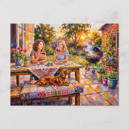 Dachshund rustend naast tuin tafereel in de avond briefkaart