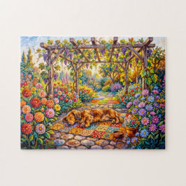 Dachshund Rustend Onder Bloemrijke Tuinpergola Pad Legpuzzel