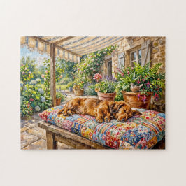 Dachshund rustend op een patchworktuinbank legpuzzel