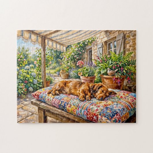 Dachshund rustend op een patchworktuinbank legpuzzel (Horizontaal)