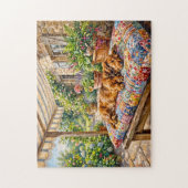 Dachshund rustend op een patchworktuinbank legpuzzel (Verticaal)