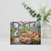 Dachshund rustend op patchworkstoel in Greenh Briefkaart (Staand voorkant)