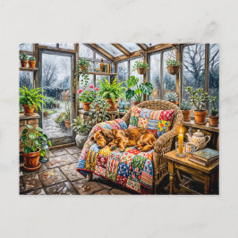 Dachshund rustend op patchworkstoel in Greenh Briefkaart