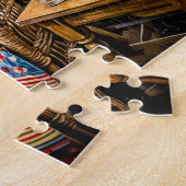 Dachshund rustend op stoel met patchwork bekleding legpuzzel (Zijkant)