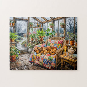Dachshund rustend op stoel met patchwork bekleding legpuzzel