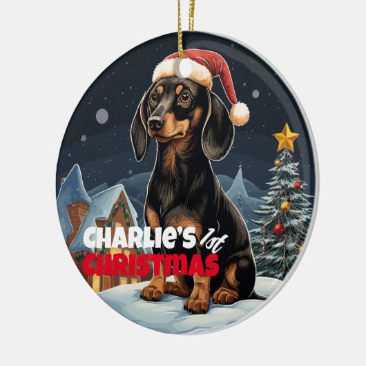 Dachshund’s eerste Kerstmis Keramisch Ornament (Links)