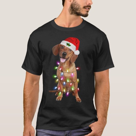 Dachshund Santa Christmas Tree Lights Xmas T-shirt (Voorkant)
