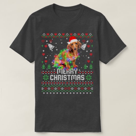 Dachshund Santa Hat Dog kerstboom Lights Holi T-shirt (Design voorkant)