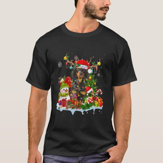 Dachshund Santa Hat Reindeer kerstlampjes T-shirt (Voorkant)