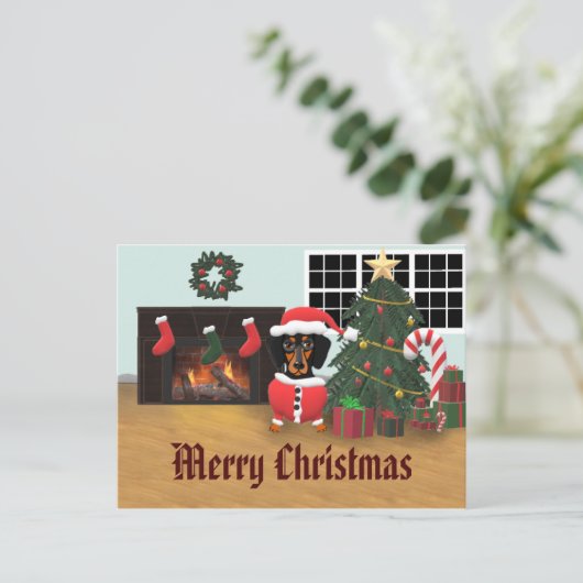 Dachshund Santa Merry-kerstscene Briefkaart (Staand voorkant)