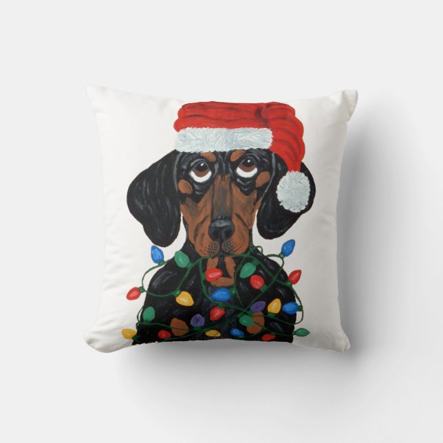 Dachshund Santa Tangled kerstverlichting Kussen (Voorkant)