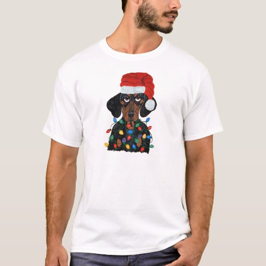 Dachshund Santa Tangled kerstverlichting T-shirt (Voorkant)