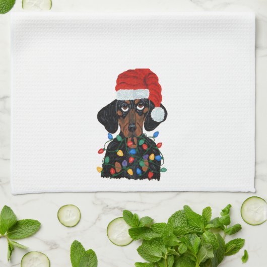 Dachshund Santa Tangled kerstverlichting Theedoek (Gevouwen)