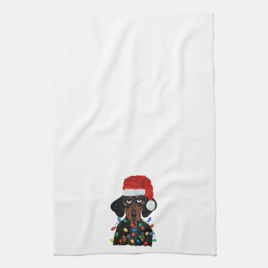 Dachshund Santa Tangled kerstverlichting Theedoek (Verticaal)