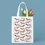 Dachshund Sause Dog Boodschappentas<br><div class="desc">Fun kleine Dachshund-worstjes of wiener-honden in houten breikleding. Ideaal voor hondenliefhebbers. Originele kunst van Nic Squirrell.</div>