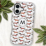 Dachshund Sause Dog Monogram Initiaal iPhone 16 Hoesje<br><div class="desc">Cute Dachshund SaUSE hondenpatroon om een glimlach op te wekken vanuit elk hondenliefhebber. Originele kunst van Nic Squirrell. Verander het monogram initiaal om zich te personaliseren.</div>