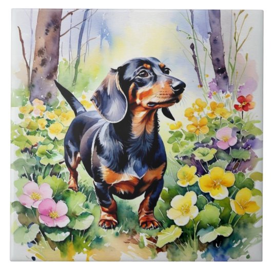 Dachshund Schattige Worst Hond Lente Sleutelbloeme Tegeltje (Voorkant)