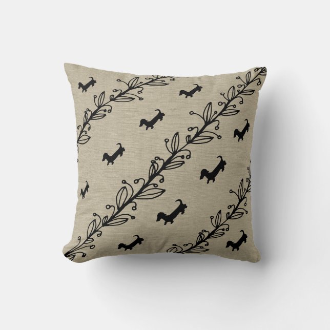 Dachshund Silhouette Hand Drawn Flowers Pillow Kussen (Voorkant)