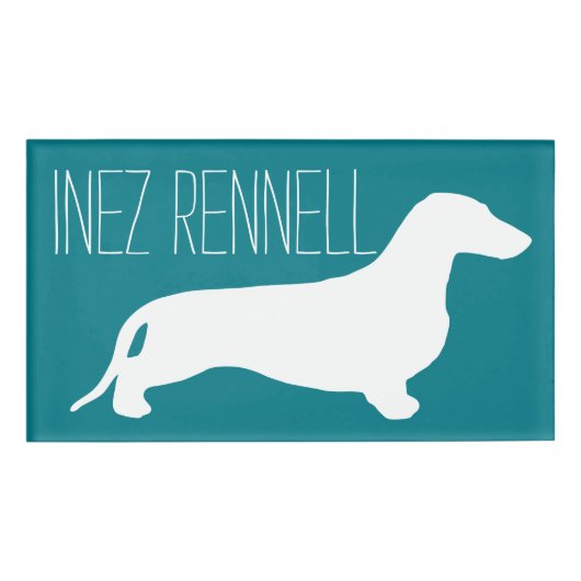 Dachshund silhouette white + jouw ideeën naambadge (Voorkant)