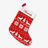 Dachshund Silhouettes Pattern Red en White Cute Kleine Kerstsok (Voorkant (Hangend))