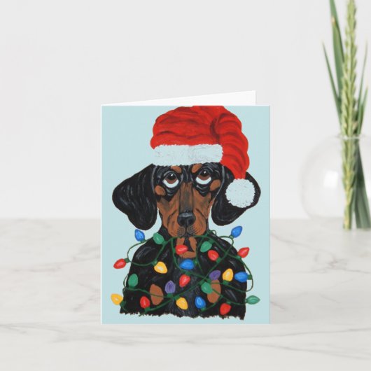 Dachshund Sinterklaas in de knoop met kerstverlich (Voorkant)