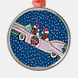 Dachshund Sinterklaas Kerst Roze Cadillac Metalen Ornament