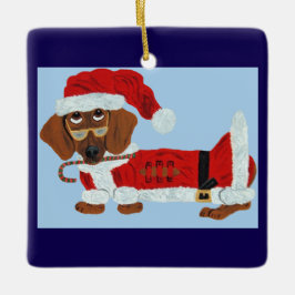 Dachshund Sinterklaas met een Suikerstok  Keramisch Ornament