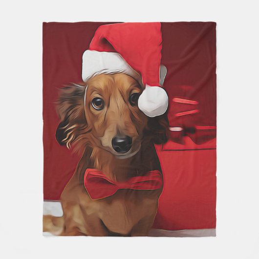 Dachshund Sitting In Front Of A Christmas Gift Pos Fleece Deken (Voorkant)