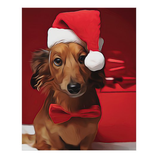 Dachshund Sitting In Front Of A Christmas Gift Pos Foto Afdruk (Voorkant)
