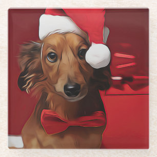 Dachshund Sitting In Front Of A Christmas Gift Pos Glazen Onderzetter