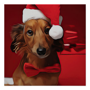 Dachshund Sitting In Front Of A Christmas Gift Pos Perfect Poster