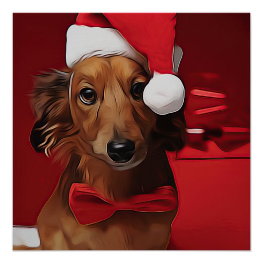 Dachshund Sitting In Front Of A Christmas Gift Pos Perfect Poster (Voorkant)