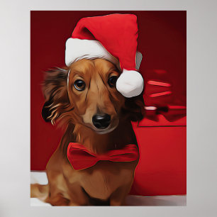Dachshund Sitting In Front Of A Christmas Gift Poster