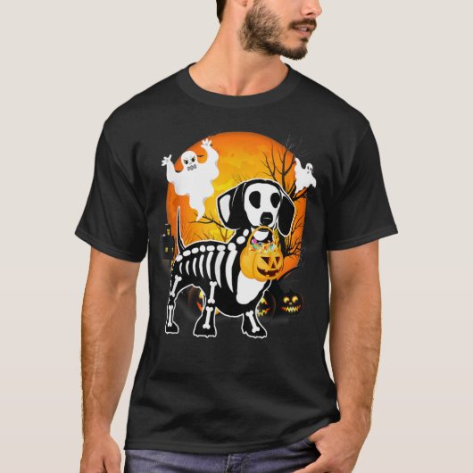 Dachshund Skeleton Halloween Happy Pumpkin T-shirt (Voorkant)
