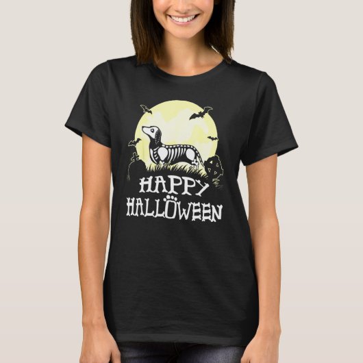 Dachshund Skeleton Halloween Happy Pumpkin T-shirt (Voorkant)