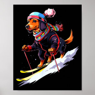 Dachshund skiën hond skiër ski winter sneeuw manne poster