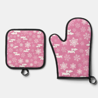 Dachshund & Sneeuwvlok Kerst Roze Ovenwant & Pannenlap Set