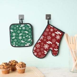 Dachshund & Sneeuwvlok Kerstmis Rood & Groen Ovenwant & Pannenlap Set