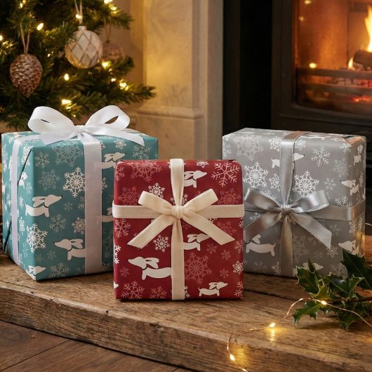 Dachshund Sneeuwvlokken Kerst Zilver Rood & Blauwg Inpakpapier Vel