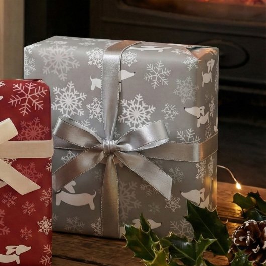 Dachshund Snowflakes Silver kerstcadeaubonade Cadeaupapier